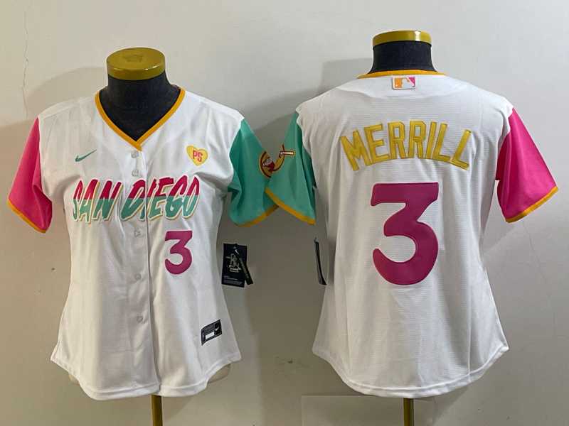 Womens San Diego Padres #3 Jackson Merrill Number White Heart Patch 2024 City Connect Cool Base Stitched Jersey